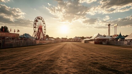 Obraz premium Sunset at a county fair, Ferris wheel, booths, and rides visible in the background.