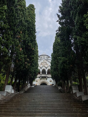 A beautiful staircase ascends towards a magnificent building that is elegantly surrounded by lush green trees, creating a picturesque scene of nature and architecture in harmony