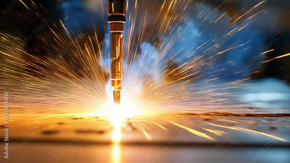 Poster welding process highlighted with sparks flying, showcasing industrial craftsmanship and precision in