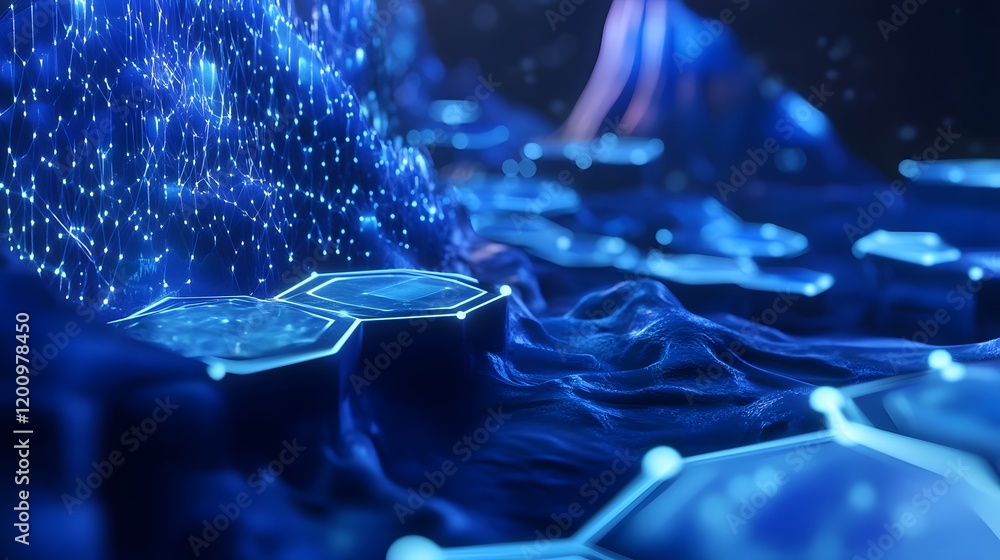 Poster abstract blue digital landscape with hexagonal structures
