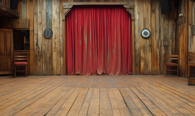 Rustic wooden stage, red curtain, empty, saloon, performance