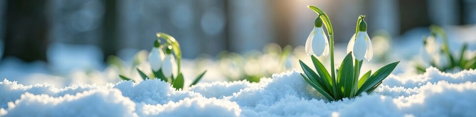 Obraz premium Snowdrop blooms through the layer of fresh snow, forest, cold weather