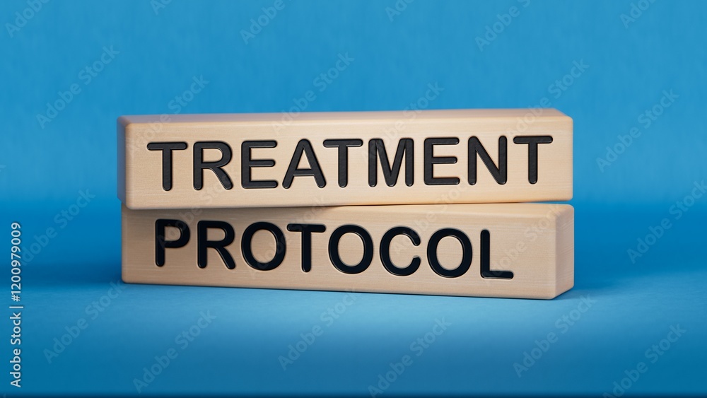 Poster text treatment protocol. wooden cube blocks. copy space.3d rendering on blue background.