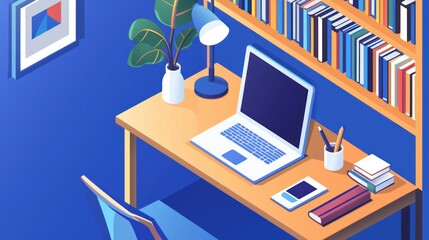 Fototapeta premium Modern Workspace: Cozy Home Office with Bookshelf and Laptop