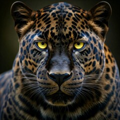 close up portrait of a leopard with yellow eyes and black spots in dark background