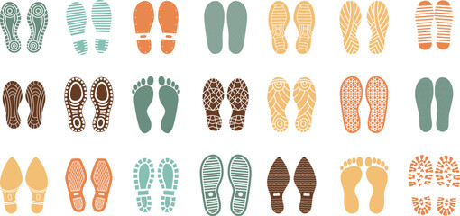 Human foot and shoe print icons set vector illustration with white background.