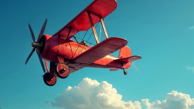 Red biplane soars through a clear sky on a sunny day
