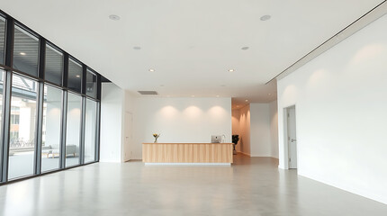 Fototapeta premium Modern Minimalist Office Interior Design: Clean Lines and Bright Spaces. A contemporary architectural space with sleek aesthetics and simple decor. Perfect for corporate or business settings.