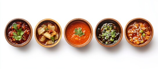 Five assorted sauces in wooden bowls.
