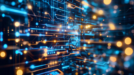 Obraz premium vibrant digital circuit board with glowing lines and nodes, representing technology and innovation. blue and orange lights create dynamic atmosphere