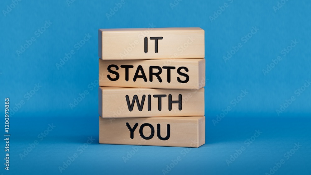 Poster It starts with you symbol. Wooden blocks with words It starts with you.Business and It starts with you concept. Copy space.3D rendering on blue background.