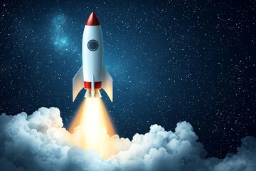 A rocket, taking off into space. Smoke is coming out from the engines, and there are white clouds around it, against a space background. 