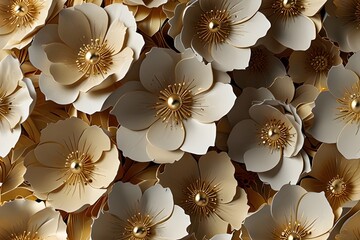 3D mural wallpaper flowers in gold and cream colors, 3D Mural wallpaper high quality AI generated image Generative AI