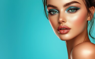 Fototapeta premium A striking portrait of a woman with sparkling teal eyeshadow, a gentle blush, and soft pink lips, posed on a pastel blue background