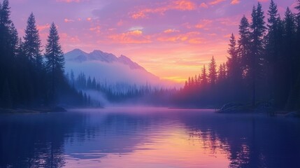 Fototapeta premium Misty Mountain Lake at Sunset: A Serene Landscape