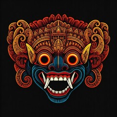 colorful intricate balinese demon mask with sharp teeth and ornate details  against a black background
