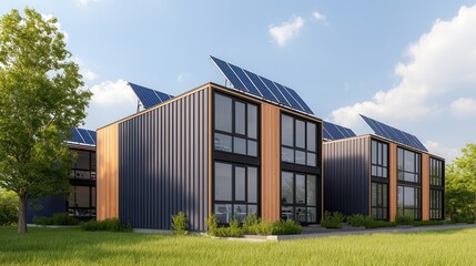 Obraz premium Renewable energy collaboration for sustainable communities. Modern eco-friendly houses with solar panels in a green landscape.