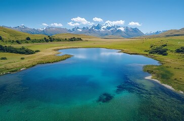 Obraz premium Serene mountain lake nestled amidst majestic snow capped peaks