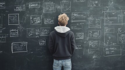 Young man facing a large chalkboard filled with various equations, diagrams, and notes.