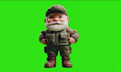 Cartoon soldier gnome, green screen background, illustration