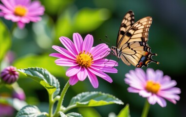 A vibrant butterfly with intricate wing patterns delicately lands in warm sunlight.