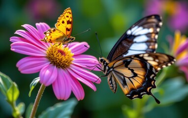 Naklejka premium A vibrant butterfly with intricate wing patterns delicately lands in warm sunlight.