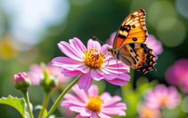 Obraz premium A vibrant butterfly with intricate wing patterns delicately lands in warm sunlight.