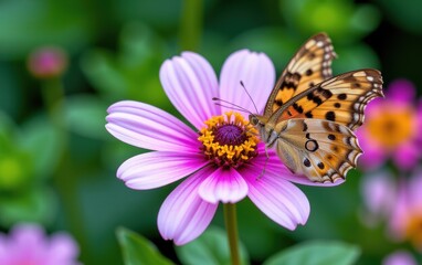 A vibrant butterfly with intricate wing patterns delicately lands in warm sunlight.