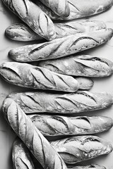Obraz premium Many freshly baked loaves arranged on surface.