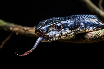 A black snake with its tongue out
