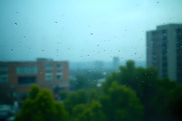 Naklejka premium Atmospheric minimal backdrop with rain droplets on glass. Wet window with rainy drops and dirt spots closeup. Blurry buildings and green trees under blue sky against dirty window glass with raindrops.