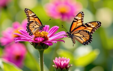 Naklejka premium A vibrant butterfly with intricate wing patterns delicately lands in warm sunlight.