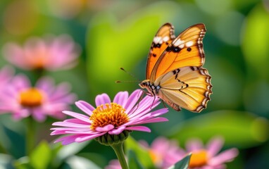 Fototapeta premium A vibrant butterfly with intricate wing patterns delicately lands in warm sunlight.