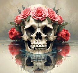 Illustration of human skull with roses.