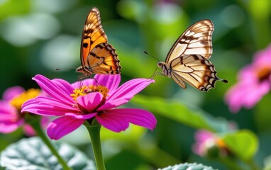 Obraz premium A vibrant butterfly with intricate wing patterns delicately lands in warm sunlight.