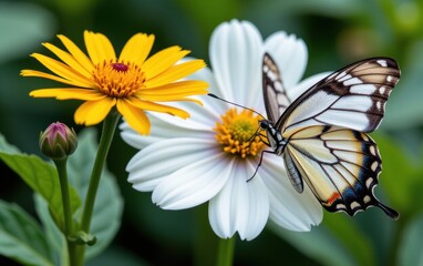 Obraz premium A vibrant butterfly with intricate wing patterns delicately lands in warm sunlight.