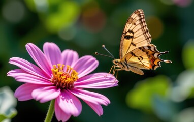Fototapeta premium A vibrant butterfly with intricate wing patterns delicately lands in warm sunlight.