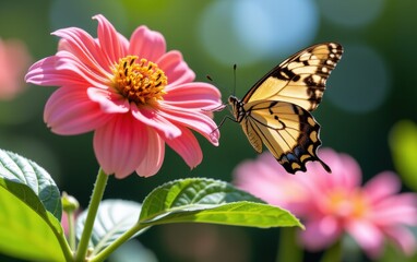 A vibrant butterfly with intricate wing patterns delicately lands in warm sunlight.