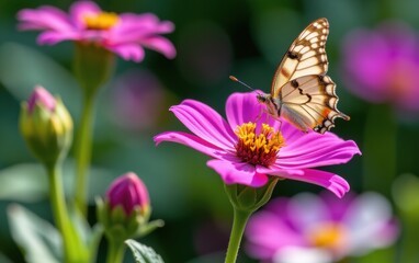 Obraz premium A vibrant butterfly with intricate wing patterns delicately lands in warm sunlight.