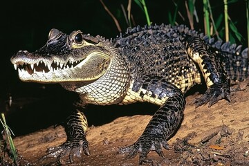 Fototapeta premium A spectacular image of a black caiman lurking in the dark waters of the Amazon River