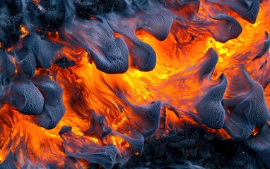 A macro shot of intense fire with bright orange tongues of flame and heat distortion