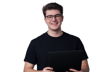 happy young man in a black t-shirt holding a laptop computer, isolated on a transparent background