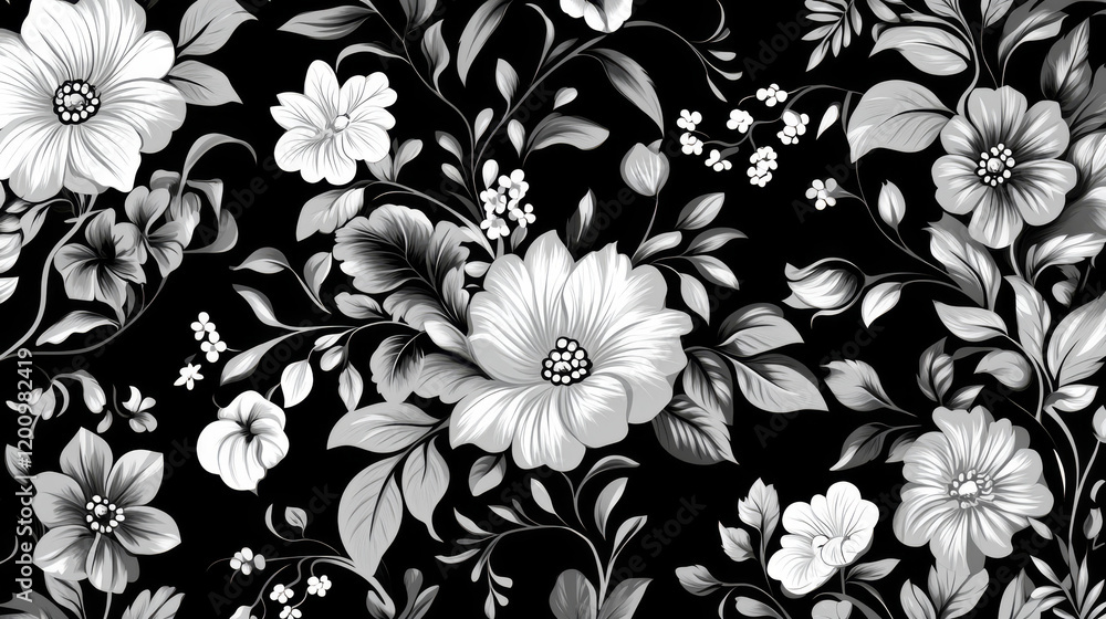 Poster dainty scrolling black and white floral element with a repeat enlarged design in grey behind it for 