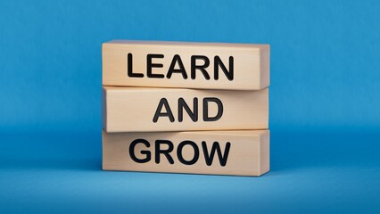 Learn and grow symbol. Concept words Learn and grow on wooden blocks.Business and Learn and grow concept. Copy space.3D rendering on blue background.