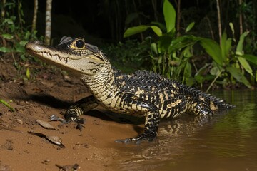 A spectacular image of a black caiman lurking in the dark waters of the Amazon River