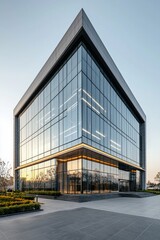 Fototapeta premium Modern architecture, commercial office building exterior design with glass curtain wall and floor-to-ceiling windows, symmetrical composition