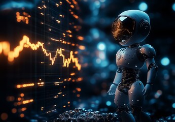 Fototapeta premium Futuristic robot analyzes data in a digital environment illuminated by glowing graphs