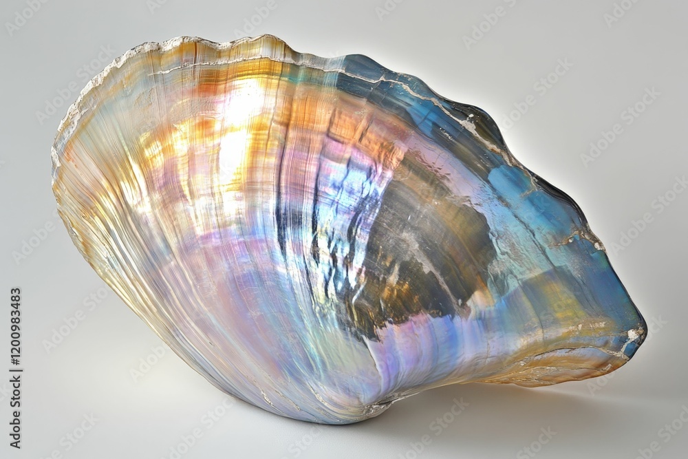 Poster iridescent seashell with many colors on grey.