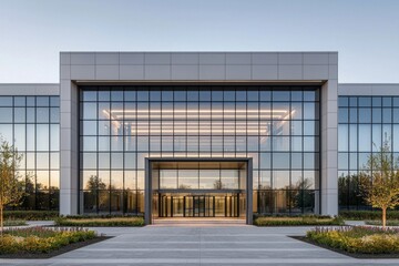 Modern architecture, commercial office building exterior design with glass curtain wall and floor-to-ceiling windows, symmetrical composition