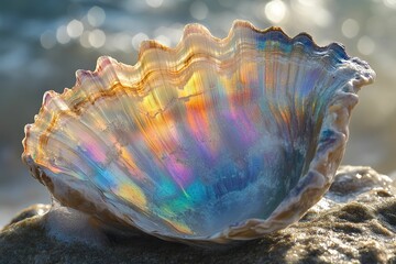Iridescent shell rests on a rocky, glimmering beach.